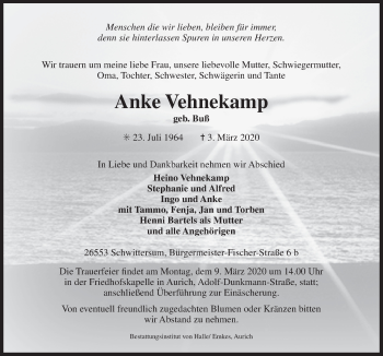 Traueranzeige von Anke Vehnekamp von Ostfriesischer Kurier GmbH