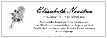 Traueranzeige von Elisabeth Noosten von Ostfriesischer Kurier GmbH