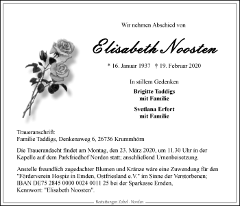 Traueranzeige von Elisabeth Noosten von Ostfriesischer Kurier GmbH