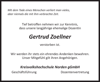 Traueranzeige von Gertrud Zoellner von Ostfriesischer Kurier / Norderneyer Badezeitung