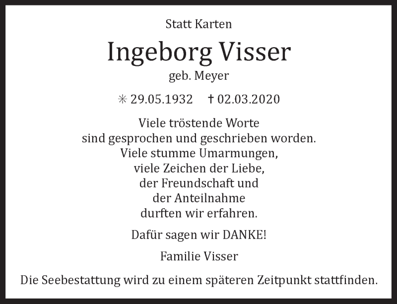  Traueranzeige für Ingeborg Visser vom 28.03.2020 aus Ostfriesischer Kurier GmbH