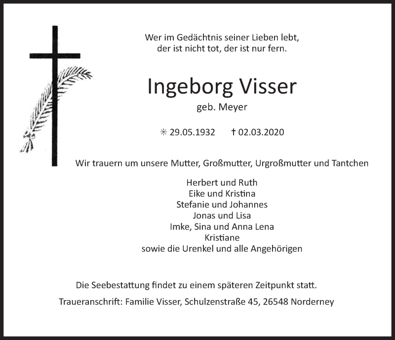  Traueranzeige für Ingeborg Visser vom 03.03.2020 aus Ostfriesischer Kurier GmbH