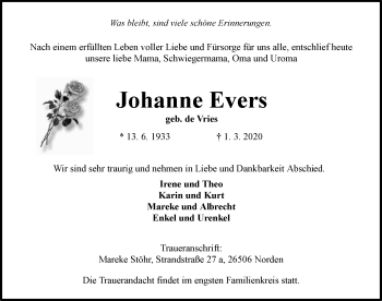 Traueranzeige von Johanne Evers von Ostfriesischer Kurier GmbH