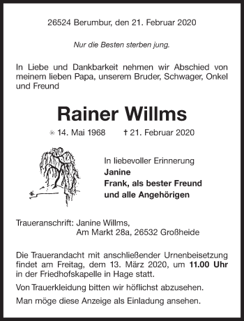 Traueranzeige von Rainer Willms von Ostfriesischer Kurier GmbH