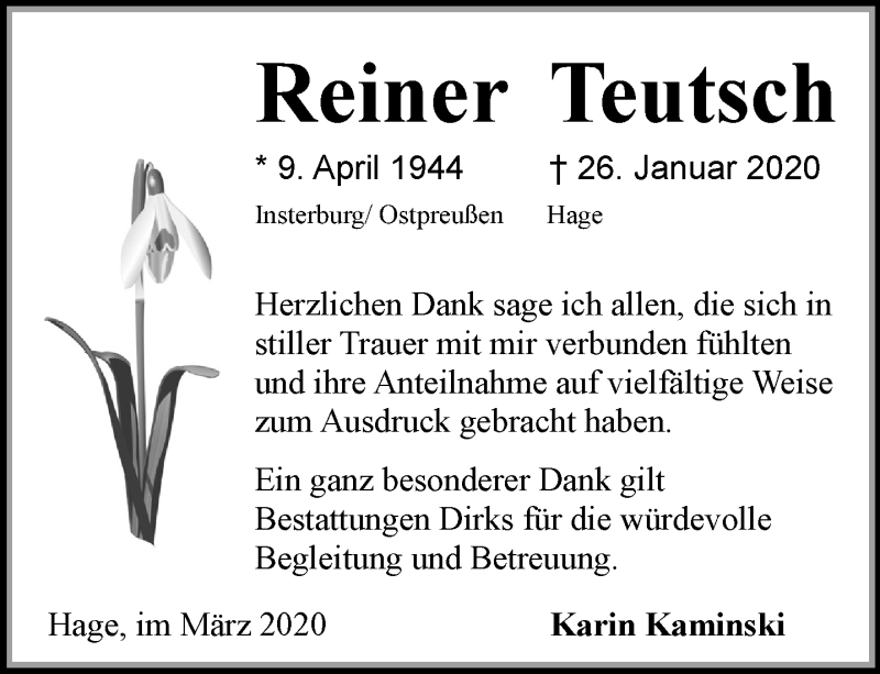  Traueranzeige für Reiner Teutsch vom 14.03.2020 aus Ostfriesischer Kurier GmbH