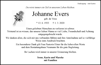 Traueranzeige von Johanne Evers von Ostfriesischer Kurier GmbH