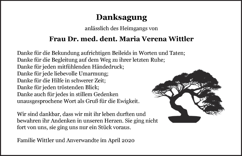  Traueranzeige für Maria Verena Wittler vom 04.04.2020 aus Ostfriesischer Kurier GmbH
