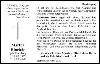 Traueranzeige von Martha Hinrichs von Ostfriesischer Kurier GmbH