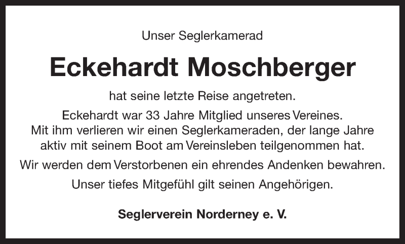  Traueranzeige für Eckehardt Moschberger vom 14.05.2020 aus Ostfriesischer Kurier / Norderneyer Badezeitung