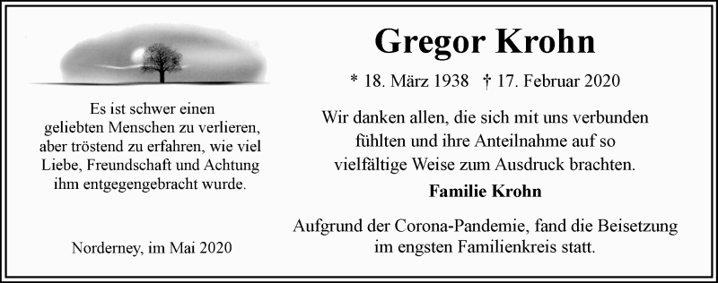  Traueranzeige für Gregor Krohn vom 30.05.2020 aus Ostfriesischer Kurier GmbH