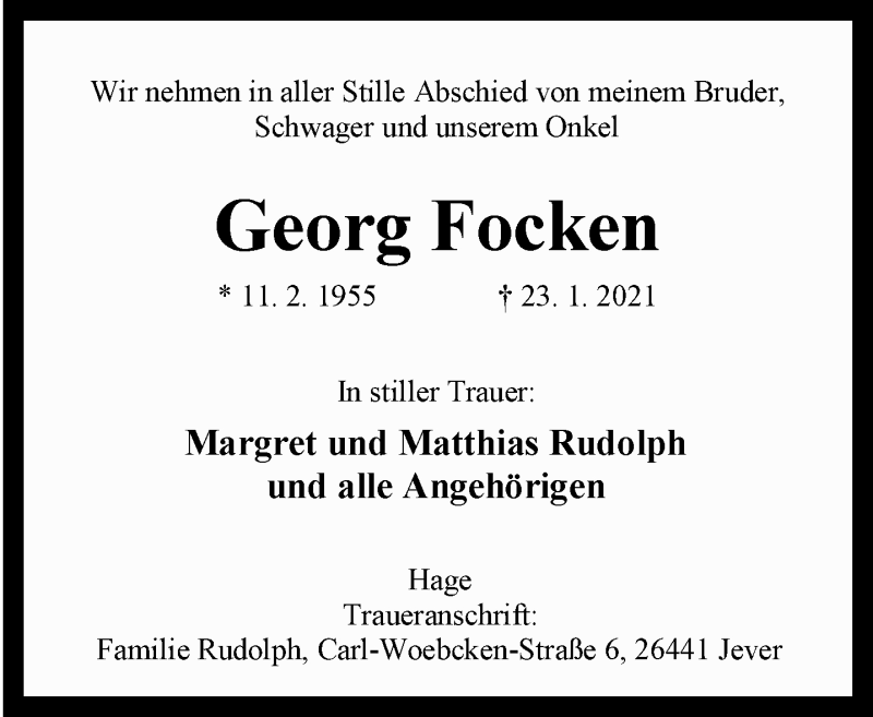  Traueranzeige für Georg Focken vom 30.01.2021 aus Ostfriesischer Kurier GmbH