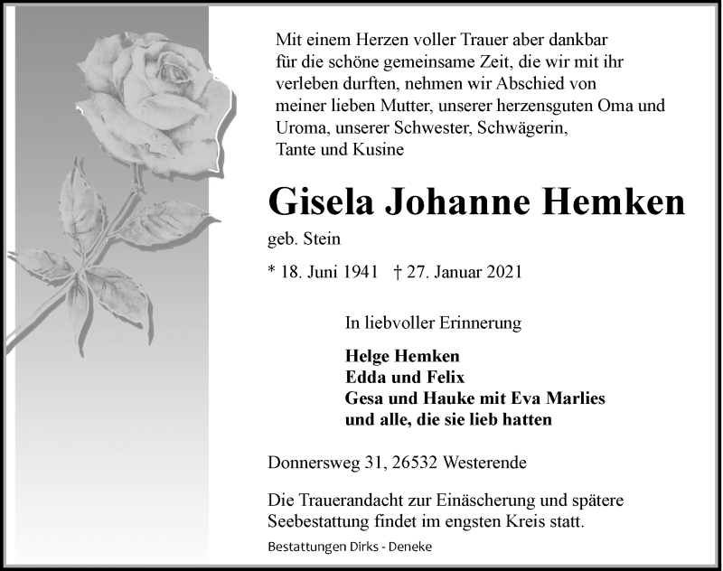  Traueranzeige für Gisela Johanne Hemken vom 29.01.2021 aus Ostfriesischer Kurier GmbH