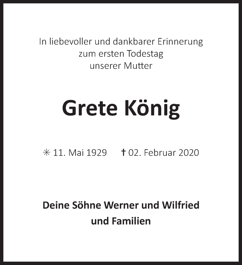  Traueranzeige für Grete König vom 30.01.2021 aus Ostfriesischer Kurier GmbH