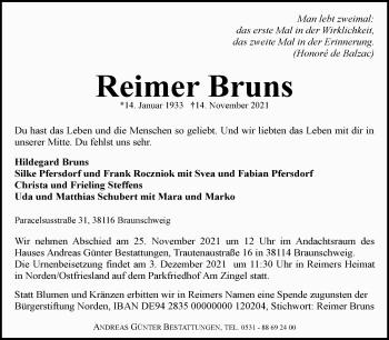 Traueranzeige von Reimer Bruns von Ostfriesischer Kurier GmbH