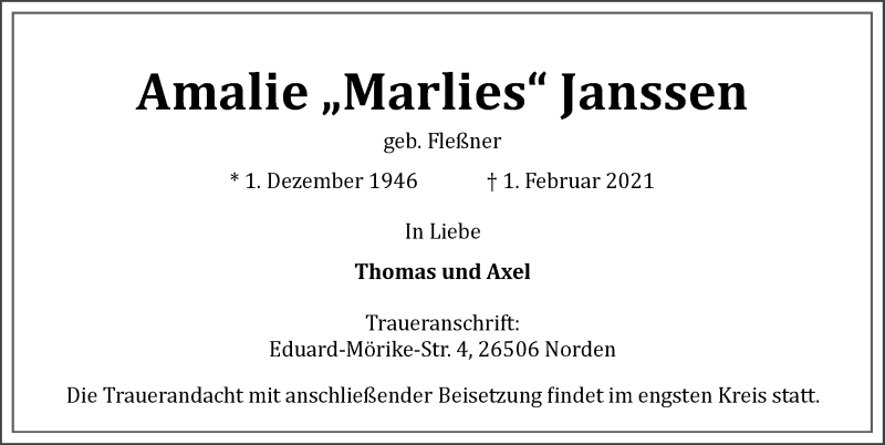  Traueranzeige für Amalie  Janssen vom 06.02.2021 aus Ostfriesischer Kurier GmbH