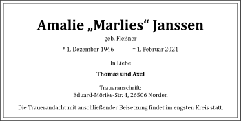 Traueranzeige von Amalie  Janssen von Ostfriesischer Kurier GmbH