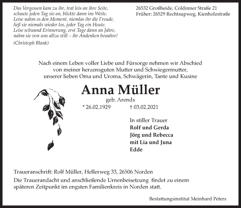  Traueranzeige für Anna Müller vom 06.02.2021 aus Ostfriesischer Kurier GmbH