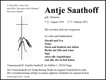 Traueranzeige von Antje Saathoff von Ostfriesischer Kurier GmbH