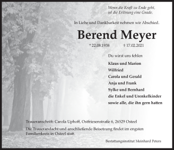 Traueranzeige von Berend Meyer von Ostfriesischer Kurier GmbH