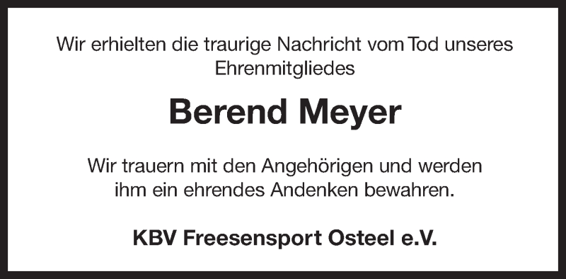  Traueranzeige für Berend Meyer vom 23.02.2021 aus Ostfriesischer Kurier GmbH