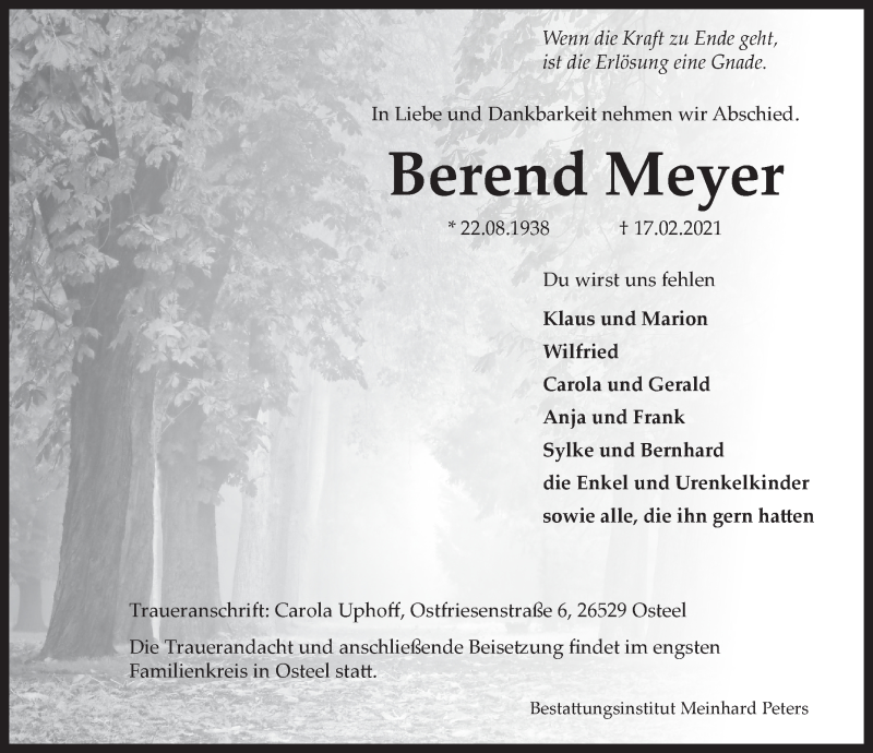  Traueranzeige für Berend Meyer vom 20.02.2021 aus Ostfriesischer Kurier GmbH