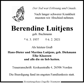 Traueranzeige von Berendine Luitjens von Ostfriesischer Kurier GmbH