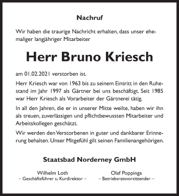 Traueranzeige von Bruno Kriesch von Ostfriesischer Kurier GmbH