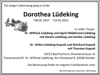 Traueranzeige von Dorothea Lüdeking von Ostfriesischer Kurier GmbH