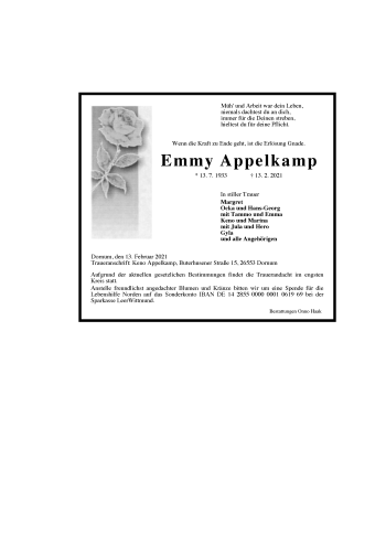 Traueranzeige von Emmy Appelkamp von Ostfriesischer Kurier GmbH