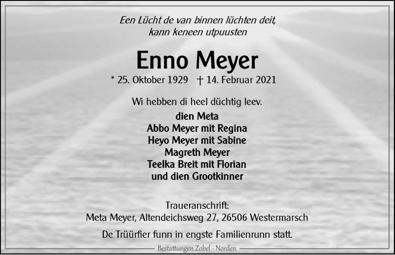  Traueranzeige für Enno Meyer vom 20.02.2021 aus Ostfriesischer Kurier GmbH