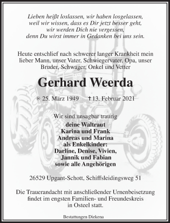 Traueranzeige von Gerhard Weerda von Ostfriesischer Kurier GmbH