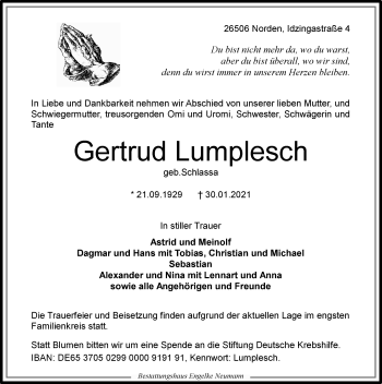 Traueranzeige von Gertrud Lumplesch von Ostfriesischer Kurier GmbH