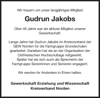 Traueranzeige von Gudrun Jakobs von Ostfriesischer Kurier GmbH