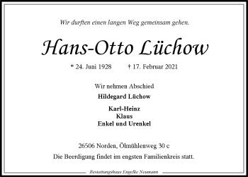 Traueranzeige von Hans-Otto Lüchow von Ostfriesischer Kurier GmbH