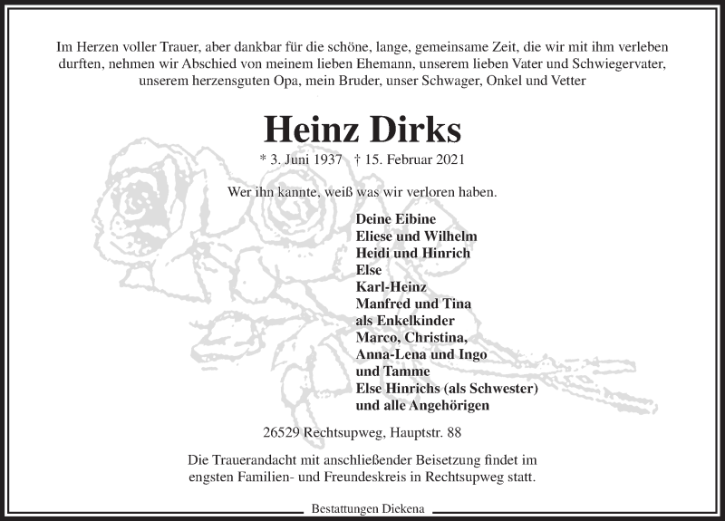  Traueranzeige für Heinz Dirks vom 17.02.2021 aus Ostfriesischer Kurier GmbH