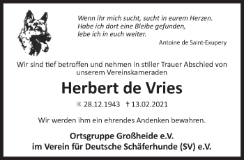 Traueranzeige von Herbert de Vries von Ostfriesischer Kurier GmbH