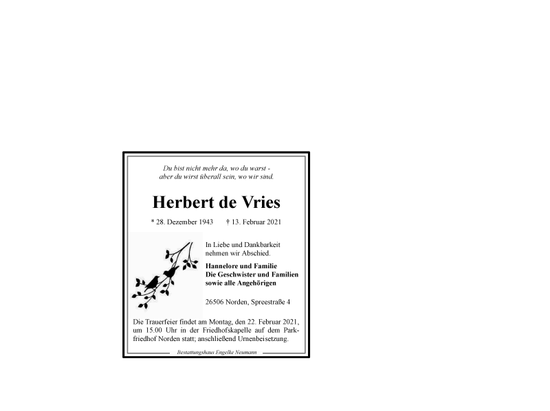  Traueranzeige für Herbert de Vries vom 15.02.2021 aus Ostfriesischer Kurier GmbH