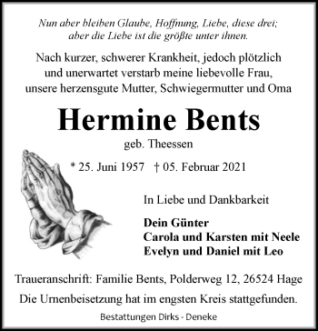 Traueranzeige von Hermine Bents von Ostfriesischer Kurier GmbH