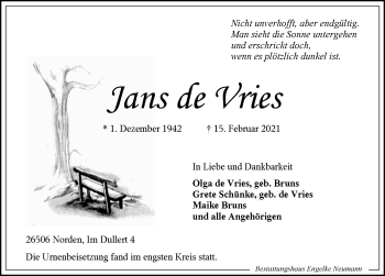 Traueranzeige von Jans deVries von Ostfriesischer Kurier GmbH