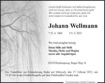 Traueranzeige von Johann Wellmann von Ostfriesischer Kurier GmbH