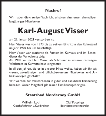 Traueranzeige von Karl-August Visser von Ostfriesischer Kurier GmbH