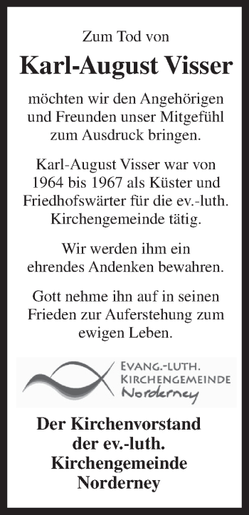 Traueranzeige von Karl-August Visser von Ostfriesischer Kurier GmbH