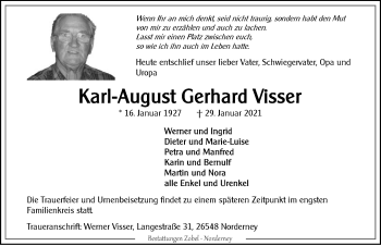 Traueranzeige von Karl-August Gerhard Visser von Ostfriesischer Kurier GmbH