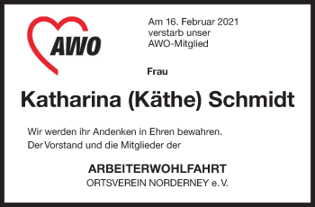 Traueranzeige von Katharina Schmidt von Ostfriesischer Kurier GmbH