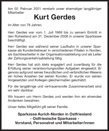 Traueranzeige von Kurt Gerdes von Ostfriesischer Kurier GmbH