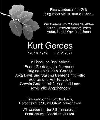 Traueranzeige von Kurt Gerdes von Ostfriesischer Kurier GmbH