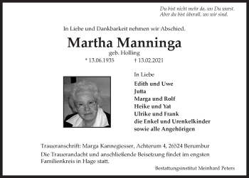 Traueranzeige von Martha Manninga von Ostfriesischer Kurier GmbH