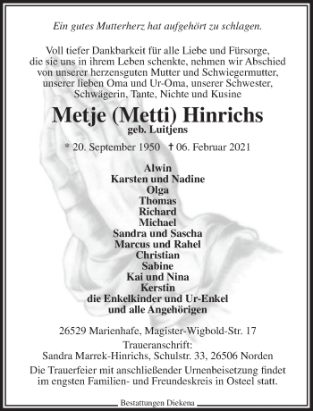 Traueranzeige von Metje Hinrichs von Ostfriesischer Kurier GmbH