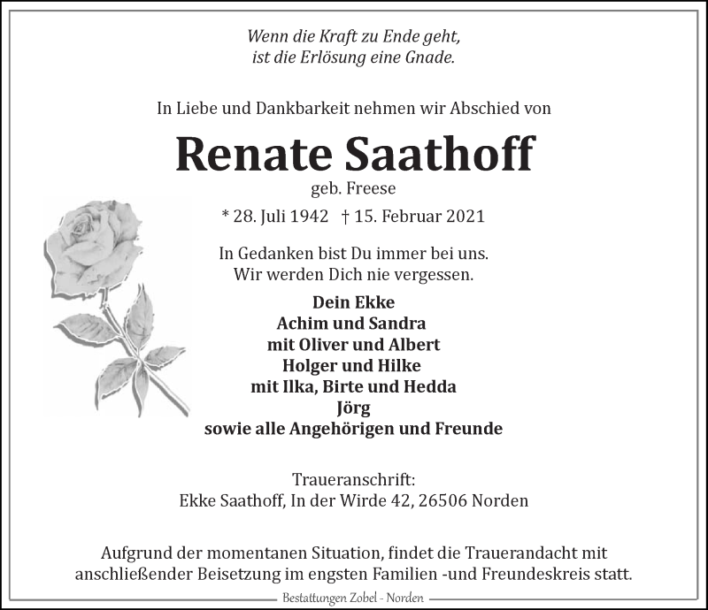  Traueranzeige für Renate Saathoff vom 17.02.2021 aus Ostfriesischer Kurier GmbH