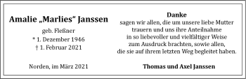 Traueranzeige von Amalie  Janssen von Ostfriesischer Kurier GmbH
